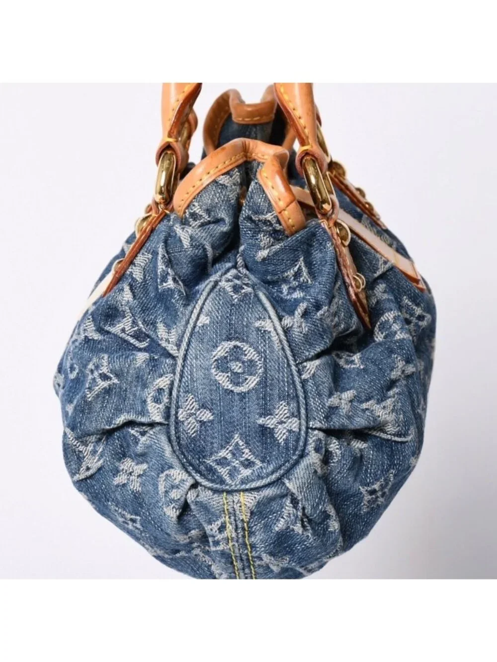 Louis Vuitton Pleaty Handbag Monogram Denim Leather Blue Gold